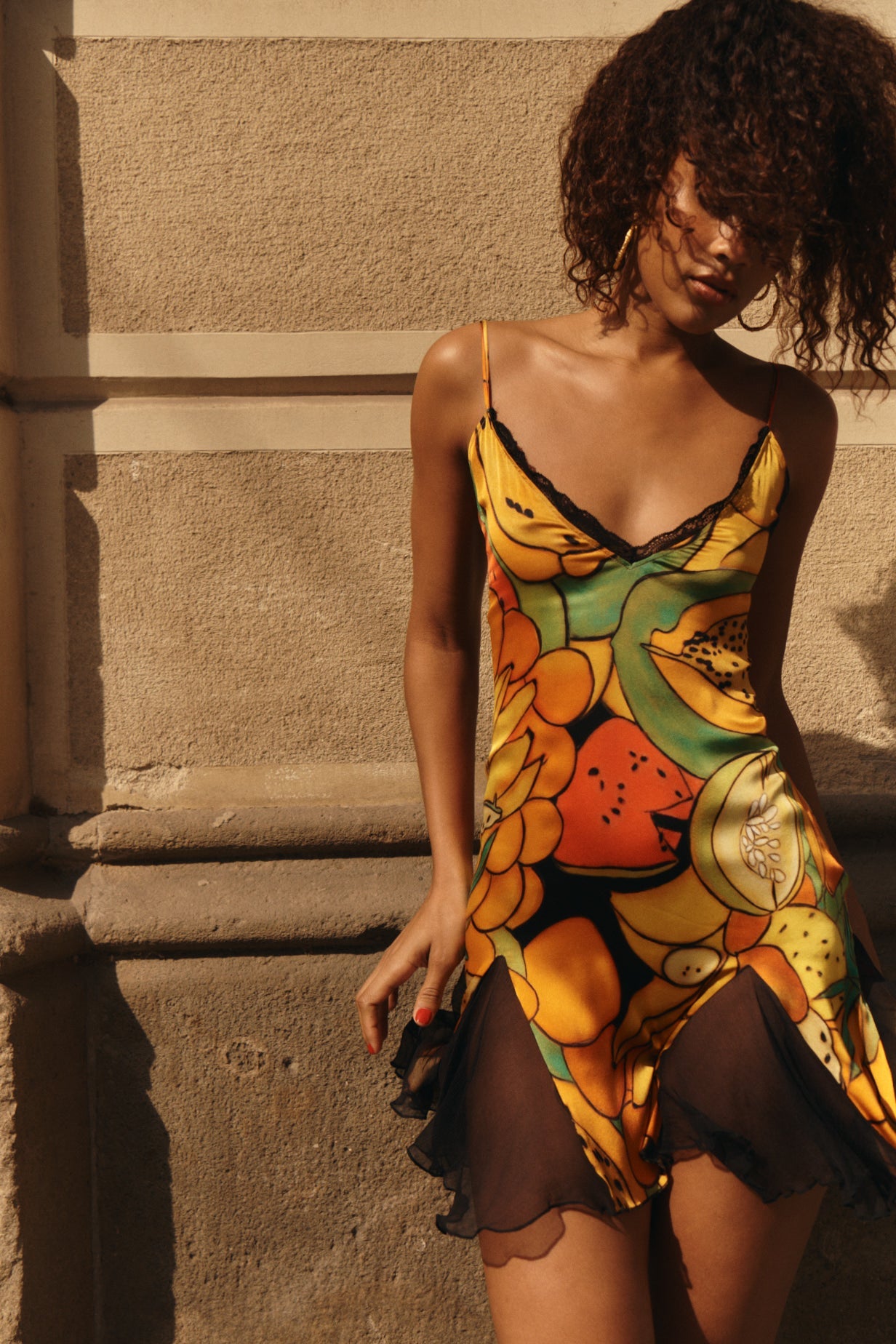 Donde Esteban Frutas Silk Satin Lace Mini Dress in Yellow,Black